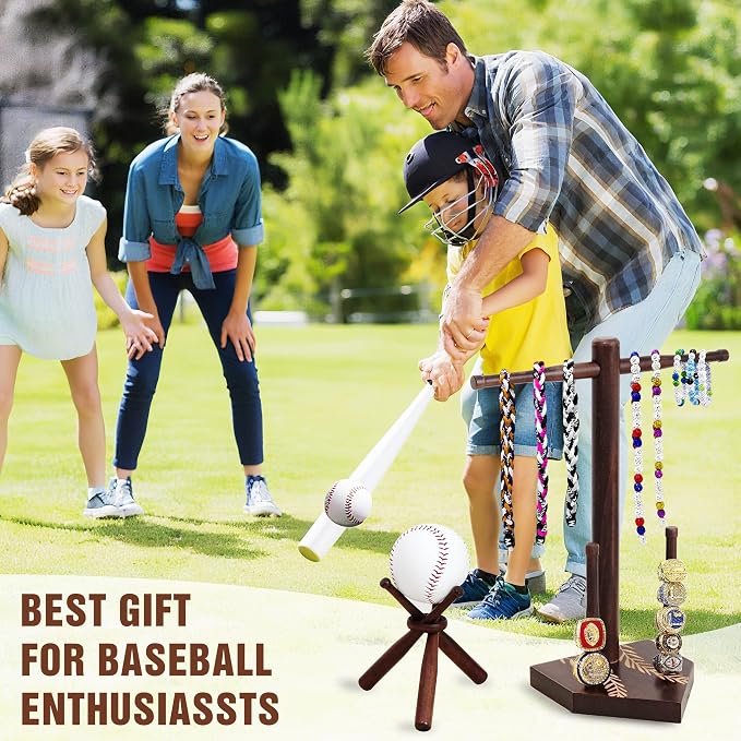 SkillDance Wooden Baseball & Softball Ring and Necklace Holder, Championship Ring Display with Baseball Stand, 3-in-1 Home Plate Baseball Jewelry Organizer, Gift for Baseball Players & Fans
