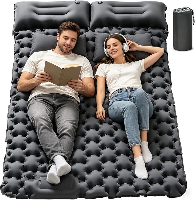 Double Sleeping Pad for Camping - 4" Extra Thick Self Inflating Air Mattress for 2 Person with Built-in Pillow & Foot Pump, Waterproof Inflatable Sleeping Mat for Backpacking Tent Hiking Travel