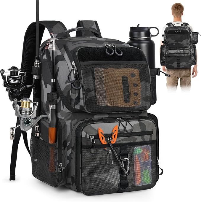 RAINSMORE 45L Fishing Backpack with Rod Holders & Rain Cover Large 900D Water-resistant Fishing Tackle Bag Store Fishing Gear