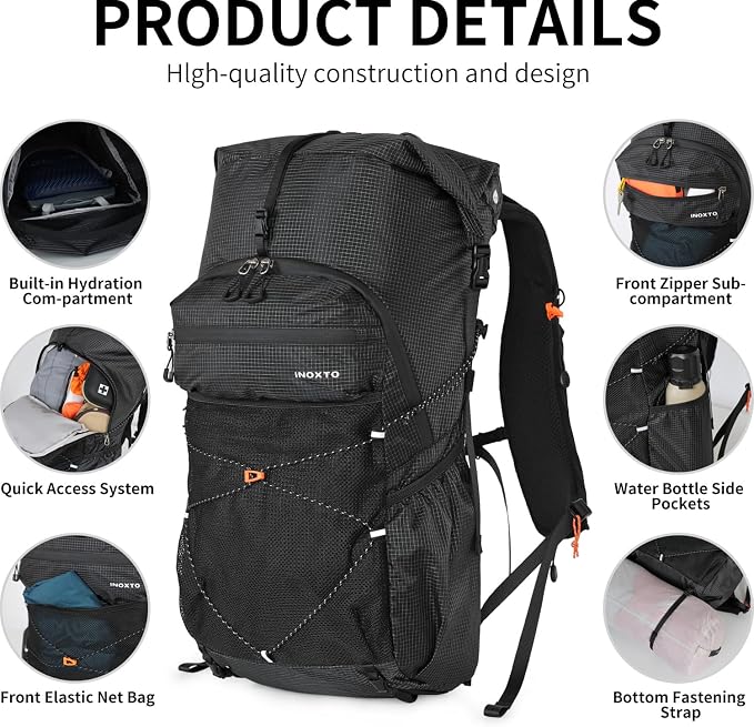 IX INOXTO Hiking Backpack for Men and Women, 30L Waterproof Camping Backpack with 3L Water Bladder and Rain Cover, Lightweight Outdoor Sport Travel Daypack Rucksack for Climbing Cycling (Black)