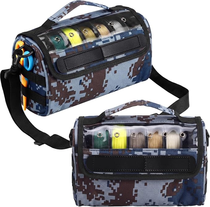 2 Pcs Fishing Line Management Bag Waterproof Nylon Fishing Line Storage Bag Transparent Window Removable Divider Leader Lines Spool Organization, Camouflage Blue