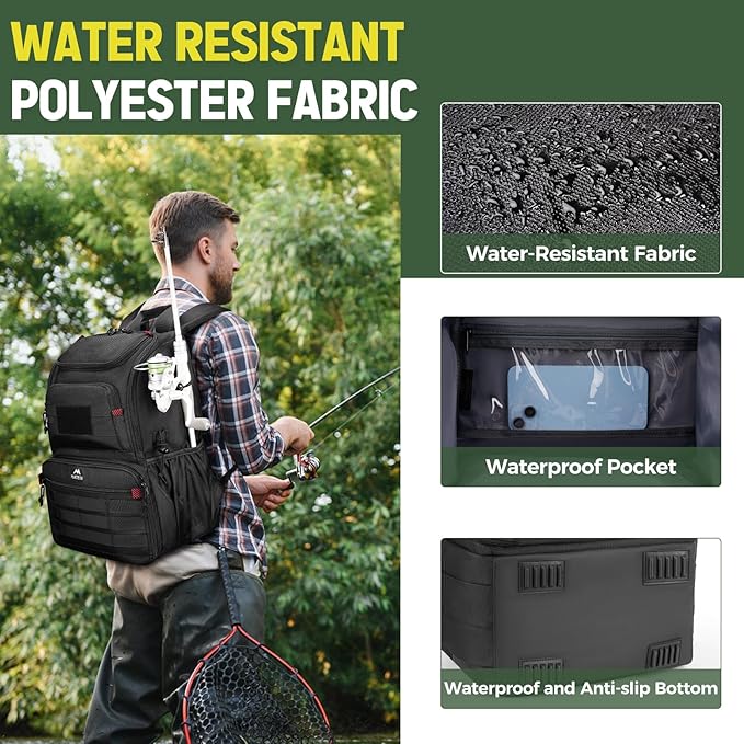 MATEIN Fishing Backpack Tackle Box, Water Resistant Tackle Backpack with Cooler & Rod Holders, Fishing Gifts for Men
