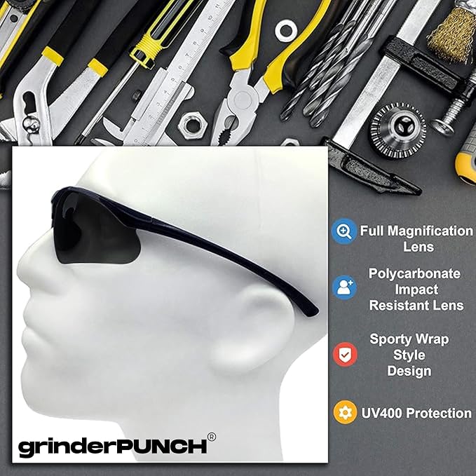 grinderPUNCH Full Lens Magnification Safety Glasses Readers ANSI Z87 Impact Resistant Diopter Magnifying Reading Glasses