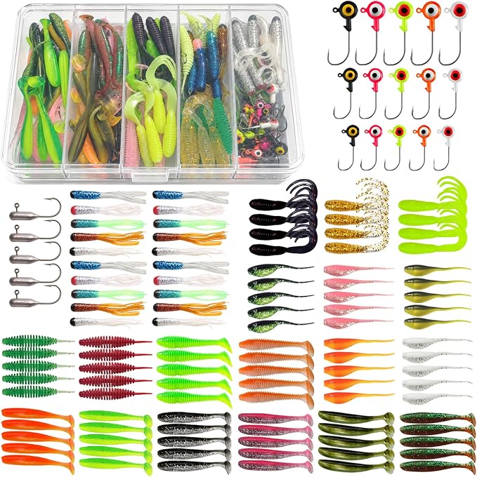 Crappie Fishing Lures Kit, 75/128/144Pcs Tube Lures Jigs Soft Plastic Baits | Includes Tube Lures, Jig Heads, Grub Worms & Swimbaits with Tackle Box for Bass, Trout, Freshwater & Saltwater Fishing