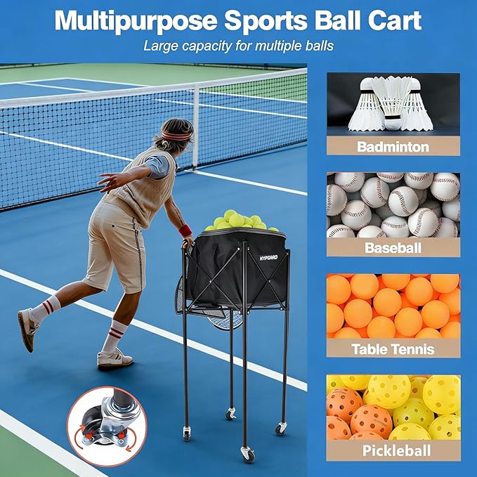 Pickleball & Tennis Ball Hopper, Sports Balls Teaching Cart, Portable Lightweight Softball Caddy, Large Capacity Baseball Basket Carrier for Training