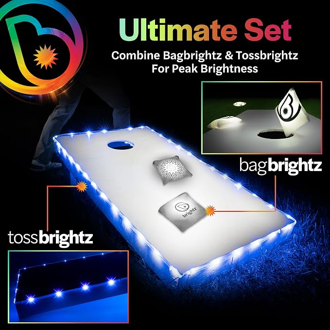 Brightz Cornhole Board Edge Lights with LED Bags - Includes 4-Pack of LED Cornhole Bags + TossBrightz Cornhole Board Edge Lights - The Ultimate Night Time Cornhole Master Set