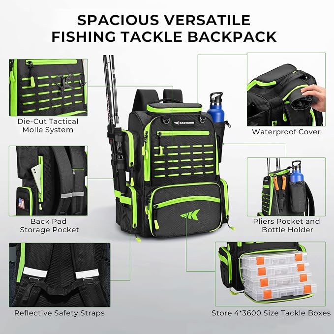 KastKing Bait Boss Fishing Tackle Backpack with Rod Holders-4 Tackle Boxes-Rain Cover,Storage for Fishing Gear