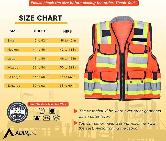 AdirPro Surveyor Safety Vest with Pockets - High visibility Reflective Construction Vest