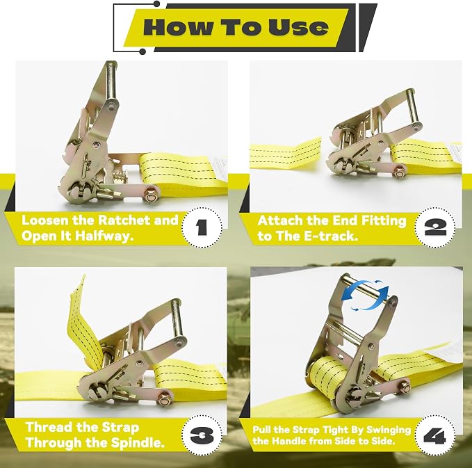 E Track Ratchet Straps Tie Down Strap (8-Pack), 2in×15ft Heavy Duty Tie Down Cargo Straps，4400 LBS Breaking Strength E Track Trailer Tire Straps for Tires Motorcycles Tailers Loads, Yellow.