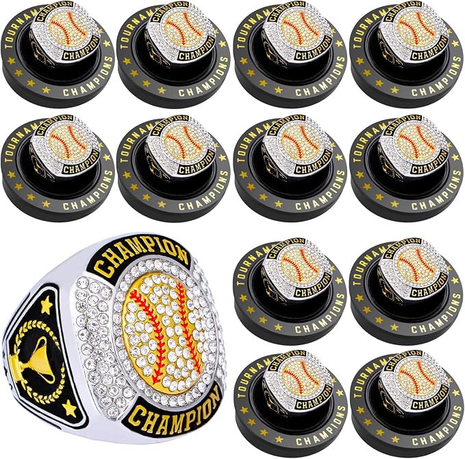 12 Pcs Baseball Championship Ring Softball Ring Sport Ball Trophy Award Gift with Display Neck Chain and Stand for Tournament or League Champion Winner
