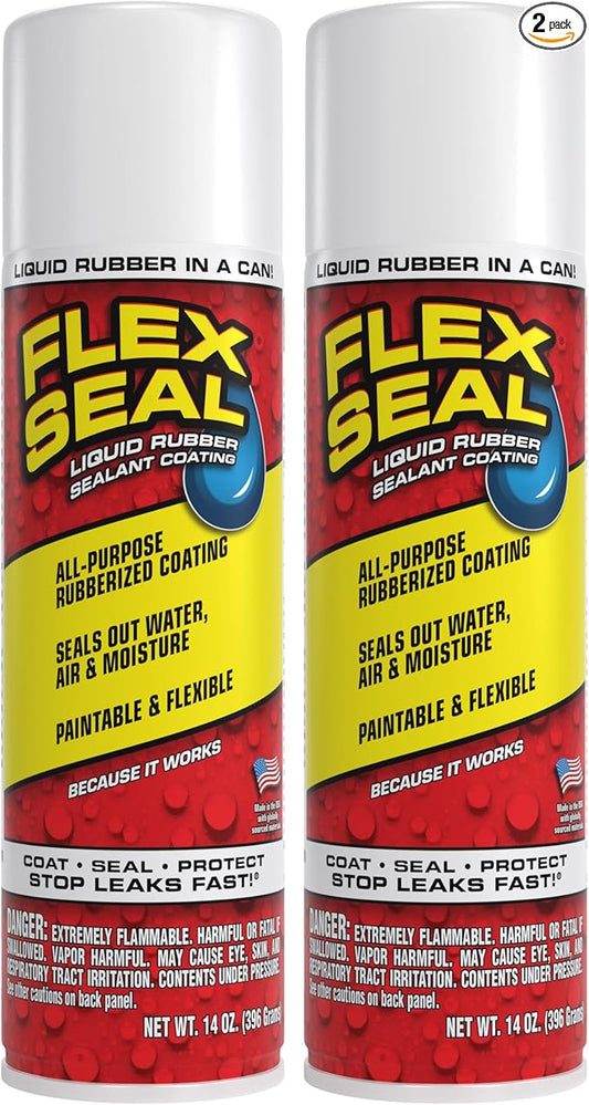 Flex Seal, 14 oz, 2-Pack, White, Stop Leaks Instantly, Waterproof Rubber Spray On Sealant Coating, Perfect for Gutters, Wood, RV, Campers, Roof Repair, Skylights, Windows, and More