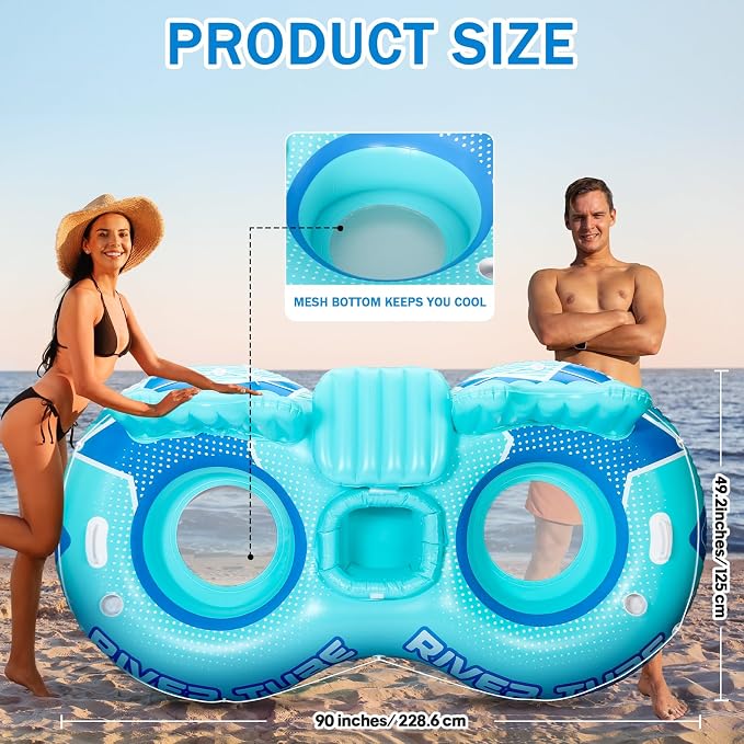 Inflatable River Tube Float, 2 Person Heavy Duty Pool Float with Built in Cooler, Ergonomic Backrest and Cup Holders for Adults, Lake Water Tubes for Floating Summer Relaxation