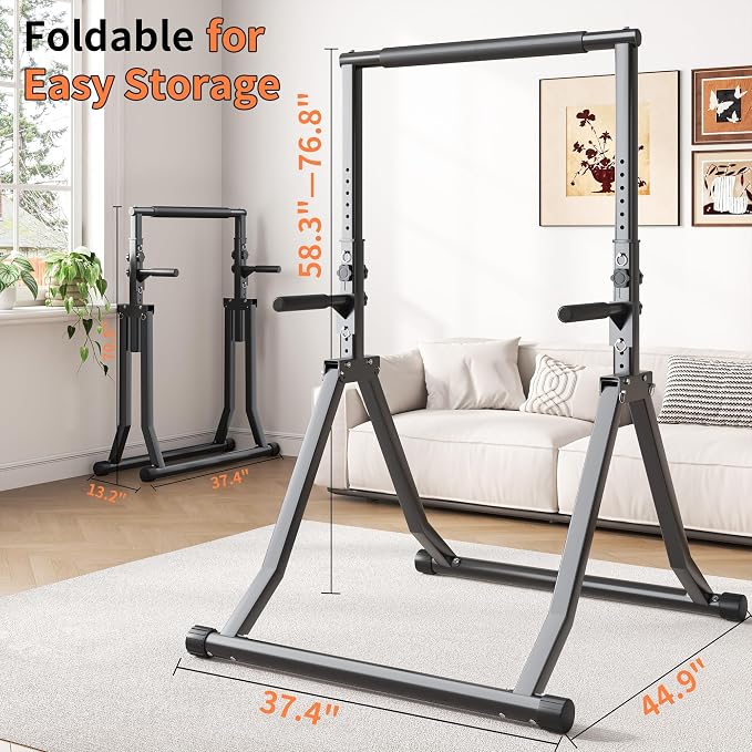 Foldable Power Tower Dip Station for Pull Ups, 58.3"-76.8" 12 Level 700 LBS, Adjustable Dip Handles & Assistance Bands Foldable Home Gym Equipment