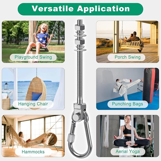 SELEWARE 6Pcs Heavy Duty Swing Hangers, 1500LB Capacity Stainless Steel Swing Set Hooks for Wood/Steel Beam, 7" x M2/5" Porch Swing Hardware for Playground Swing Hammock Chair Yoga Swing Punching Bag