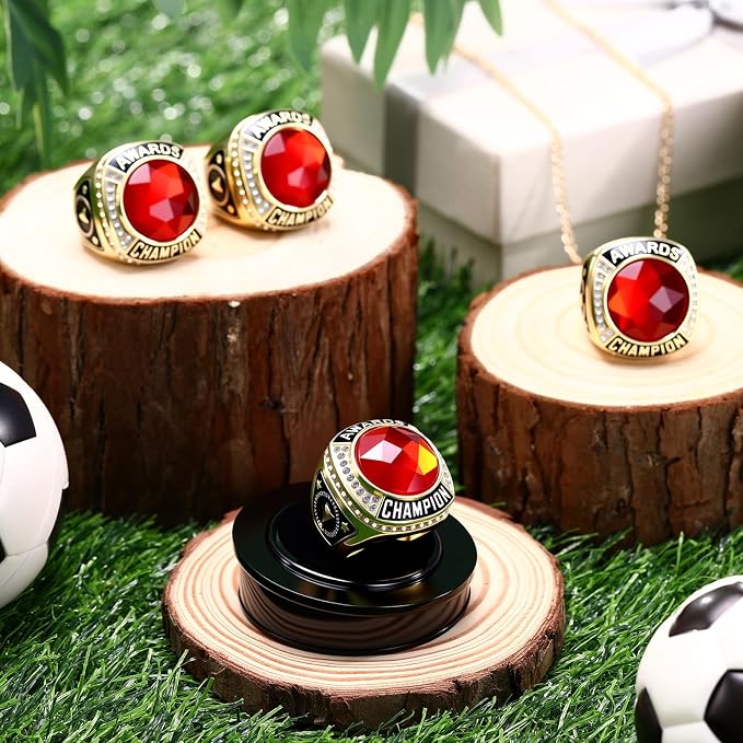 Landical 10 Pcs Championship Trophy Rings Bulk MVP Winner Youth Award Gift with Neck Chains and Display Stand for Basketball Baseball Football Volleyball Softball