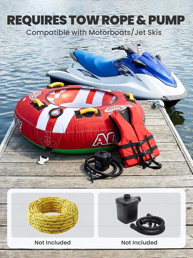 Zeraty Towable Tube for Boating 1-2 Riders, Heavy Duty Inflatable PVC Water Tube with 420D Nylon Cover & Reinforced Handles, Stable Deck Tube for Lake Ocean River, Towable for Water Sports Kids Adults