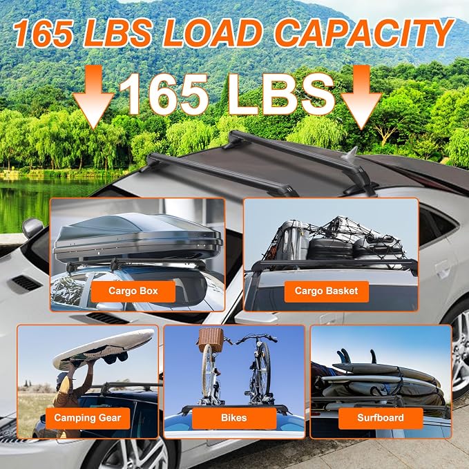 2Pcs Universal Car Roof Rack Cross Bars w/Anti-Theft Lock,43" Aluminum Lockable Car Top Crossbars with Adjustable Window Frame for Bare Roof Kayak Bike Rooftop Cargo Carrier Luggage 165 LBS Load