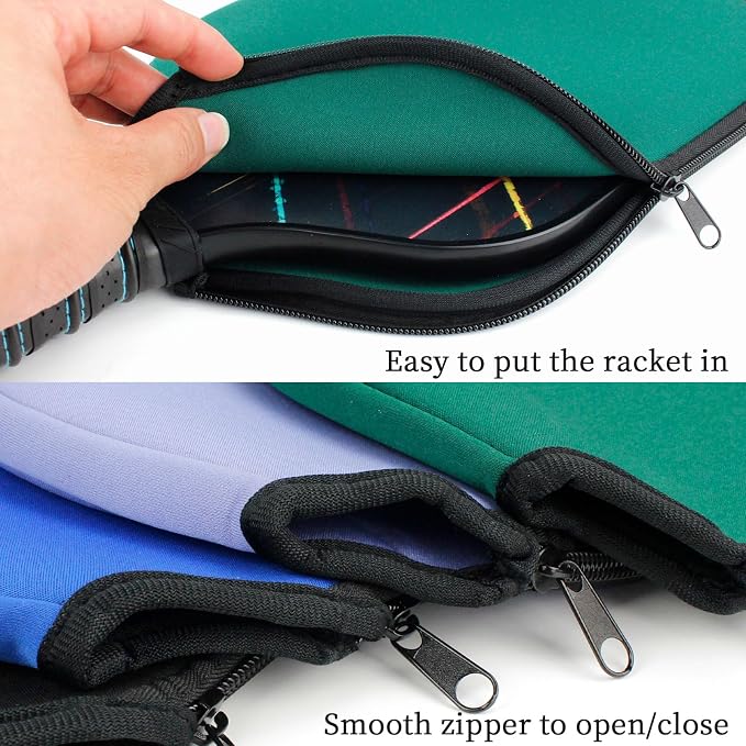 MYKUJA Pack of 4 Pickleball Paddle Cover, Zippered Paddle Case 8.6 x 11.8 inches, Neoprene Racket Sleeve, Black, Blue, Green, Purple Pickleball Covers Fits Paddles Racqets