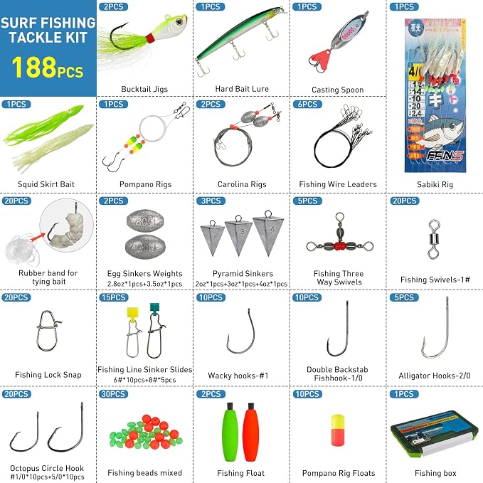 THKFISH Surf Fishing Tackle Kit, Saltwater Gear Set Saltwater Fishing Lures Fishing Bait Rigs Crankbait Spoon Bucktail Jigs Pyramid Sinkers Fishing Hooks Swivels,Perfect Fisherman's Gift