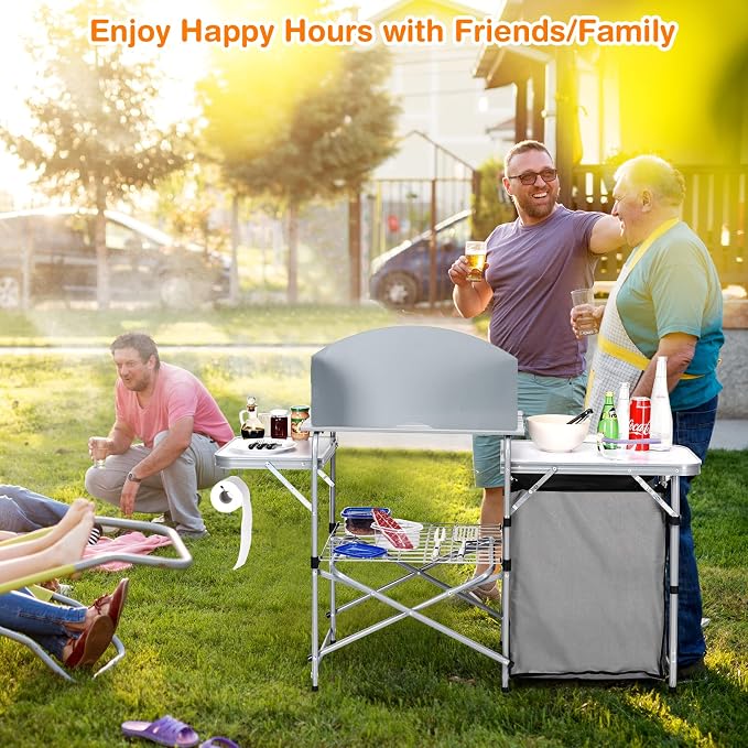 Tangkula Folding Camping Kitchen Table, Aluminum Portable Camping Grill Table with Windscreen, Cook Station, Outdoor Quick Set-up Camp Cook Table with Storage Organizer Shelves, Carry Bag