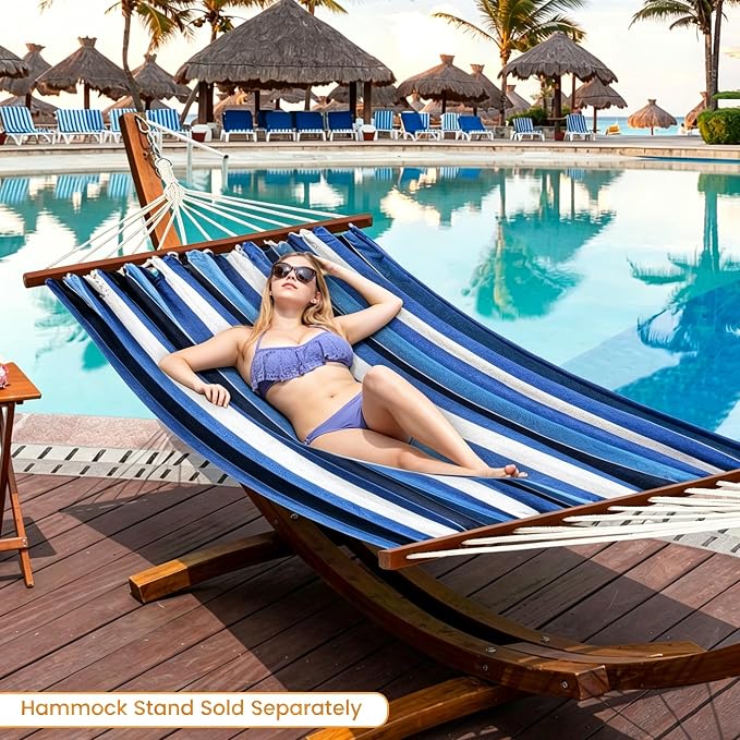 Lazy Daze Hammocks Cotton Fabric Double Hammock with 55" Spreader Bar, Portable Camping Hammock with Carrying Bag & Tree Straps for Patio, Backyard, Balcony, 450lbs Capacity, Blue