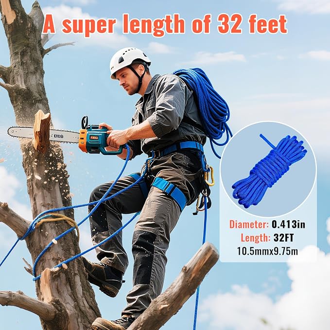 10.5mm Static Climbing Rope - 32FT Rock Climbing Rope for Adults & Kids, Outdoor Heavy Duty Rappelling Ropes for Fire Rescue, Escape, Ice Climbing, Parachute, Caving - Blue