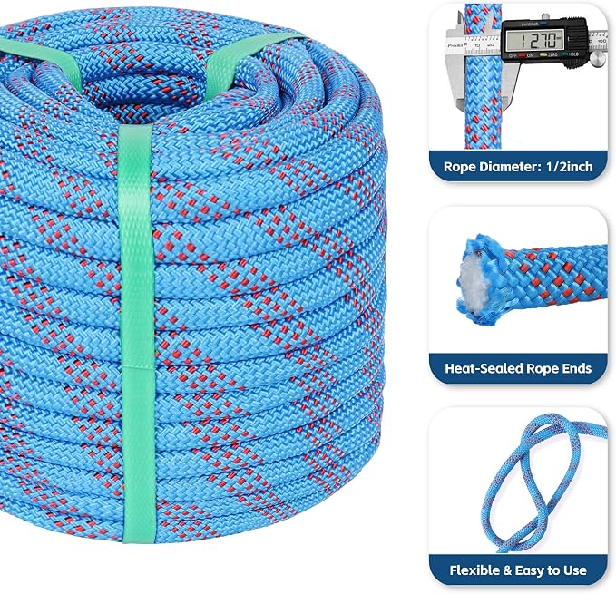 Arborist Climbing Rope (1/2in X 150ft) 48 Strands Polyester for Pulling Swing Climbing