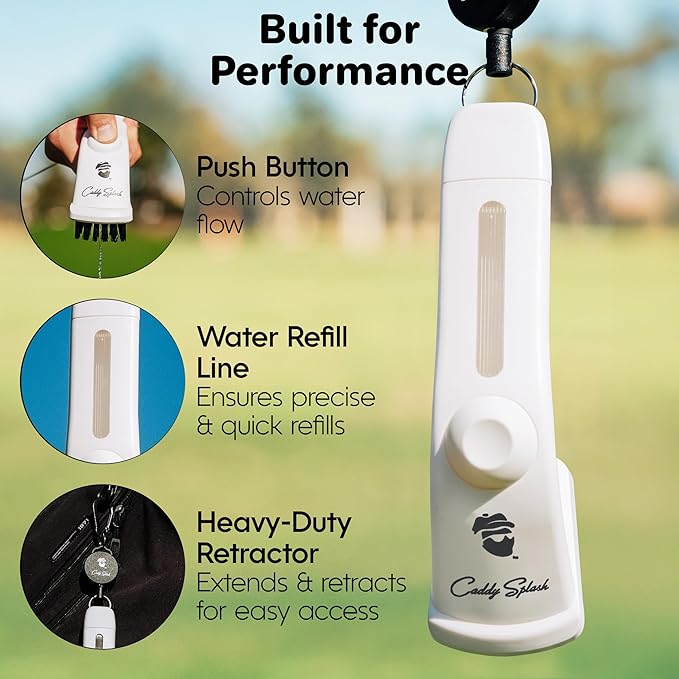 Caddy Splash Golf Club Brush Pro with Water – Heavy Duty Retractable Clip – Push Button for Easy Cleaning – Nylon Bristles – Holds 4 Oz – Golf Accessories for Men – Best Golf Gift – USA Company