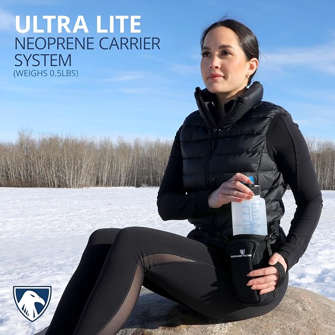 Survivor Filter Bottle - USA Made - Water Purification - Neoprene Case - For Hiking/Camping/Running