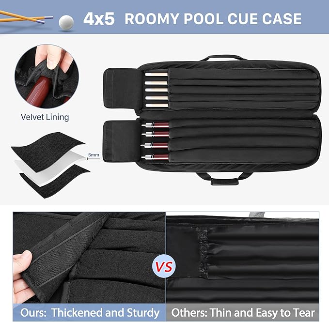 GOBUROS 4x5 Pool Cue Case, Billiard Stick Carrying Case Holds 4 Butts and 5 Shafts, Soft Pool Stick Bag with Large Front Accessories Pockets and Shoulder Strap for Easy Carry