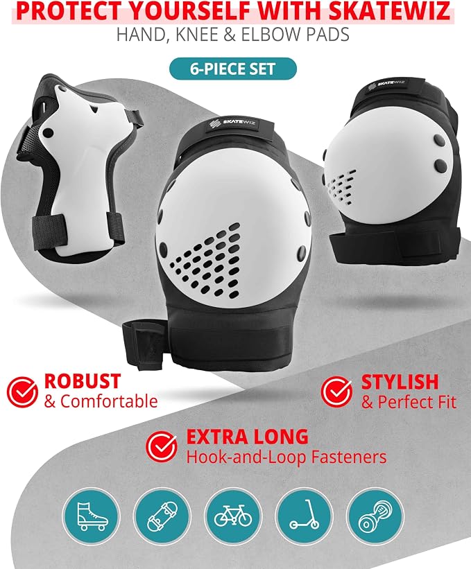 SKATEWIZ Skateboard Pads Protective Gear Set for Kids and Adults - Smash - Roller Skate Pads [6pc] with Wrist Guards - Skating Protective Gear - Roller Derby