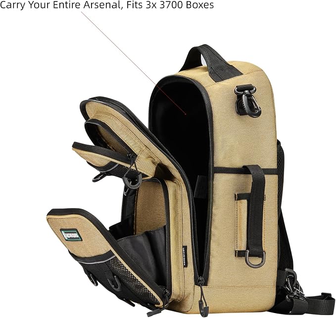 22L Wading Fishing Tackle Sling Bag, Holds 3x 3700 Boxes, Tan | Hands Free Lure Casting, Large Crossbody Shoulder Backpack with Rod Holder, Water Bottle Holder, 12 Heavy Duty D Rings