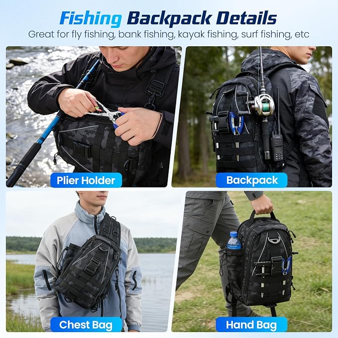 Fishing Tackle Backpack with 2 Tackle Boxes, 208PCS Complete Fishing Gear Kit for Beginners, Waterproof Fishing Bag Organizer with Fish Hook Remover, Lip Gripper, Pliers, Ideal Gift for Men