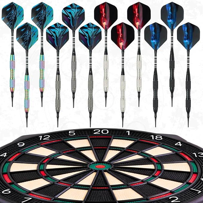 Soft Tip Darts Set with Gift Box Dart Case Professional Darts Plastic Tip with 100 Dart Tips 12 Shafts 24 Flights Tool Kit Flight Protectors for Electronic Dart Board