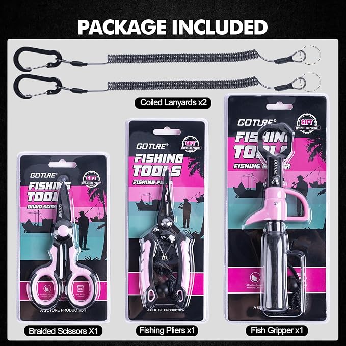 Goture Fishing Tool Kit,Fishing Pliers,Fillet Knife with Sheath,Fish Lip Gripper,Fish Hook Remover,Lanyard,Line Scissors,Sharpener,Stainless Steel Soap,Saltwater Gear Kit,Red/Pink,Gifts for Men/Women