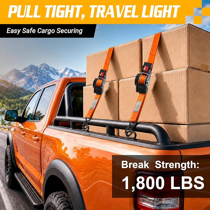Retractable Ratchet Straps (2-Pack) - 1'' x 11.5' (1,800lb Break Strength) - Heavy Duty Auto Self Retracting Tie Down Straps for Truck, Cargo Trailer, Motorcycle, Rad & More - Orange