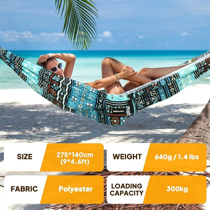 NATUREFUN Ultra-Light Travel Camping Hammock | 300kg Load Capacity,Breathable,Quick-Drying | 2 x Premium Carabiners,2 x Nylon Slings Included | Outdoor Indoor Garden
