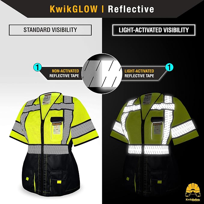 KwikSafety - Charlotte, NC - SPECIALIST Class 3 Safety Vest for Women [REFLECTIVE FISHBONE TAPE] ANSI Tested OSHA Compliant Hi Vis PPE Work Gear/Black XL