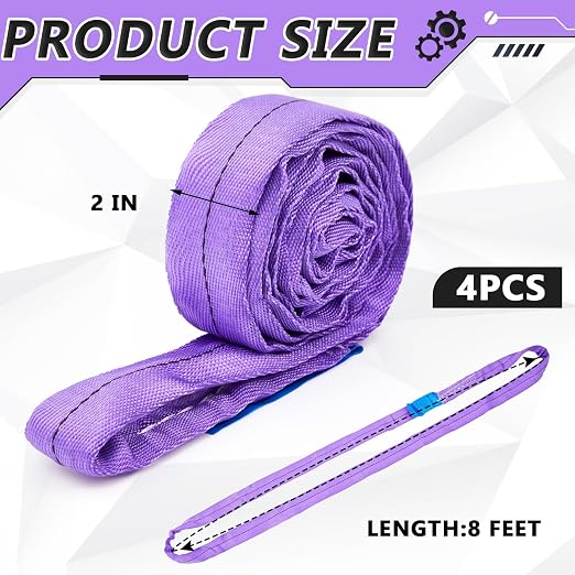 Fabbay 4 Pcs 7.9 Feet Heavy Duty Polyester Endless Loop Round Lift Slings Lifting Straps for Hoist Towing Moving Furniture Rigging Equipment, 2600 LB Vertical 2100 LB Choker 5200 LBs Basket(Purple)