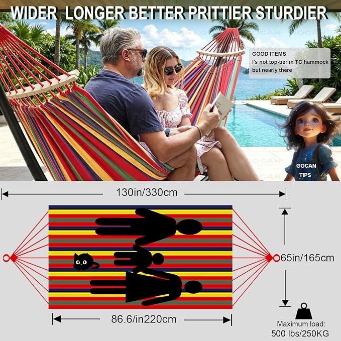 GOCAN Double Hammock 2 Person Extra Large 220x160cm Total Length 330cm Load 500lb Canvas Cotton Hammock for Patio Porch Garden Backyard Lounging Outdoor and Indoor with Removable Spreader bar