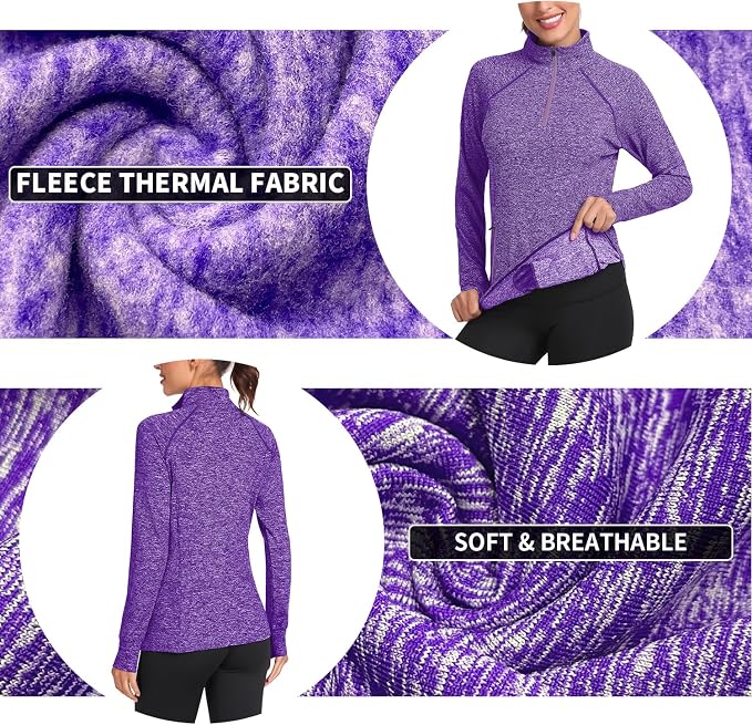 Soneven Women's Thermal Fleece Running Shirts Warm Winter Pullover Cold Weather Workout Hiking Tops with Thumb Holes Pockets