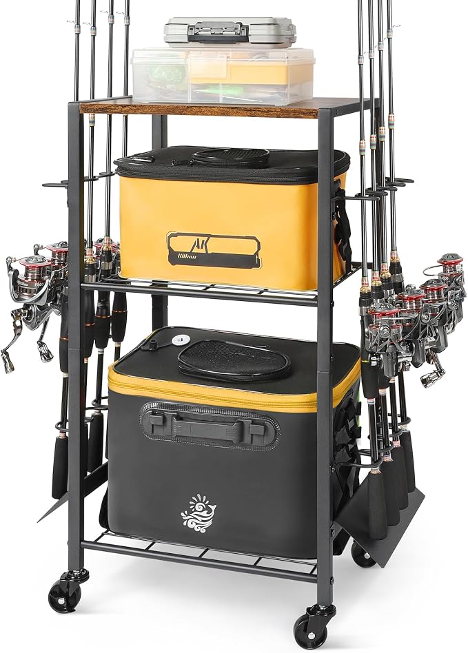 Olakee Fishing Rod Holders, Rolling Fishing Rod Rack for Garage & Boat, Tackle Box & Reel Holder Cart, Easy Assembly Fishing Gear Management System, Ideal Birthday Gift for Men Dad Anglers