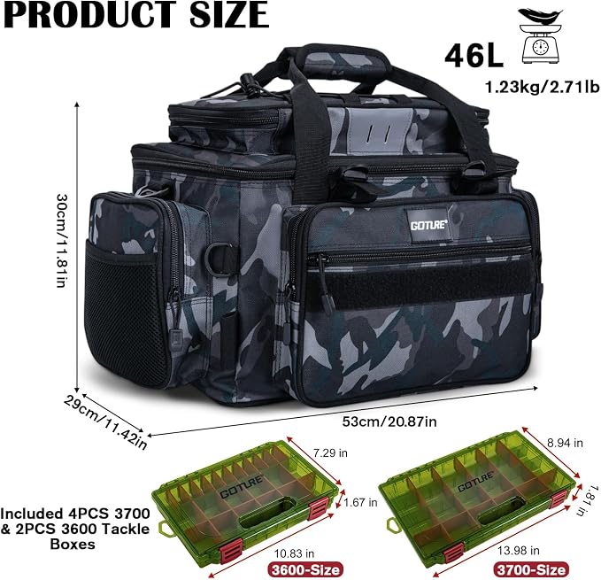 Goture Fishing Tackle Bag with 4PCS 3700 & 2PCS 3600 Tackle Boxes | 600D Water-Resistant, Rod Straps, Detachable Bottle Pouch,Waterproof Bottom, Freshwater & Saltwater Gear Storage Fishing Bag