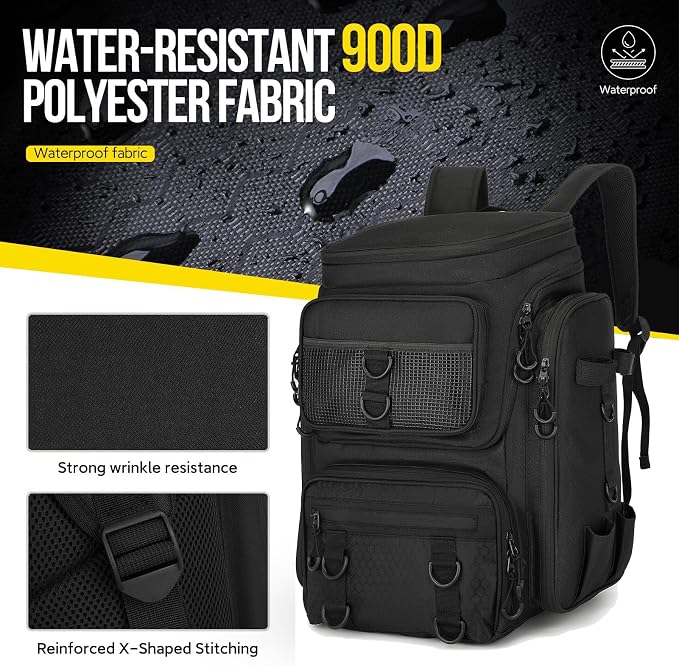 Fishing Backpack with Rod Holder, Durable Waterproof Fishing Bag, 42L Large Capacity Tackle Box Backpack (Black)
