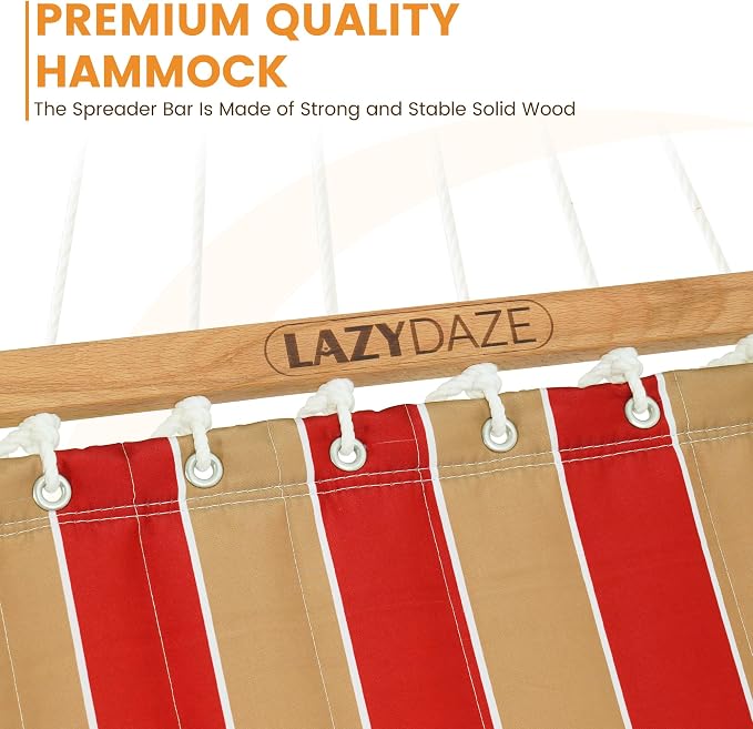 Lazy Daze Hammocks Hammock Quilted Fabric with Pillow for Two Person Double Size Spreader Bar Heavy Duty Stylish, Red & Tan Stripe