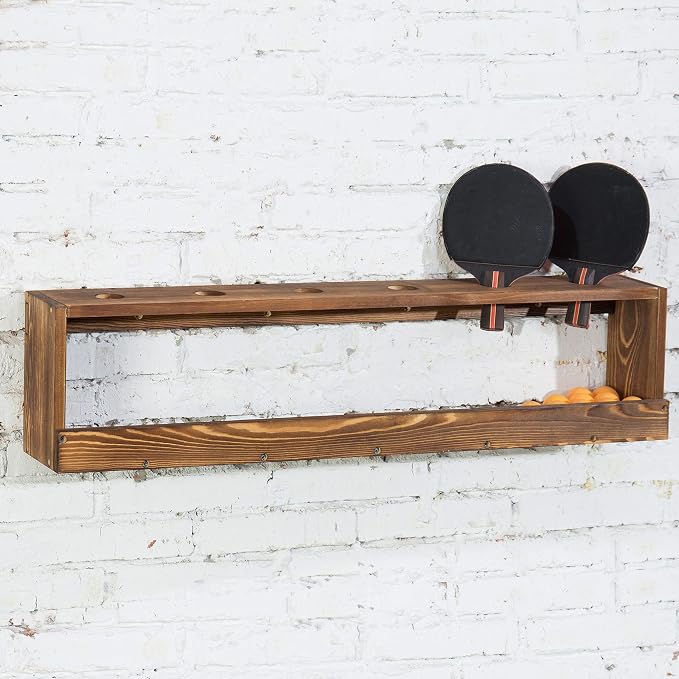 MyGift Wall Mounted Ping Pong Paddle Holder, Burnt Wood Table Tennis Racket Display Rack with Ball Storage Shelf