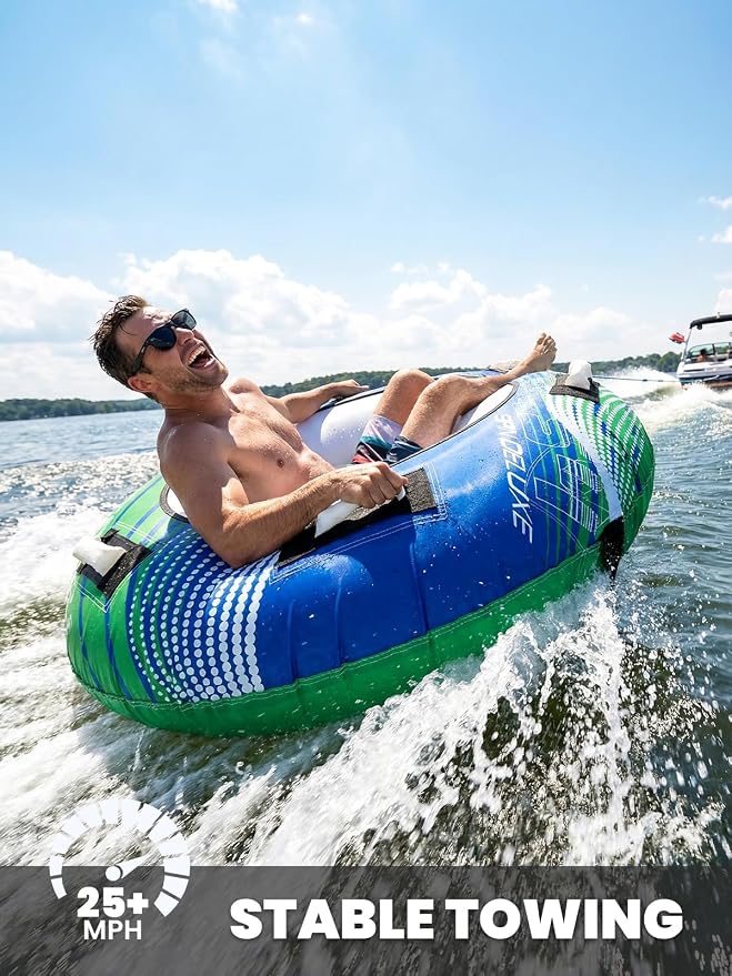 Zeraty Towable Tube for Boating 1-2 Riders, Heavy Duty Inflatable PVC Water Tube with 420D Nylon Cover & Reinforced Handles, Stable Deck Tube for Lake Ocean River, Towable for Water Sports Kids Adults