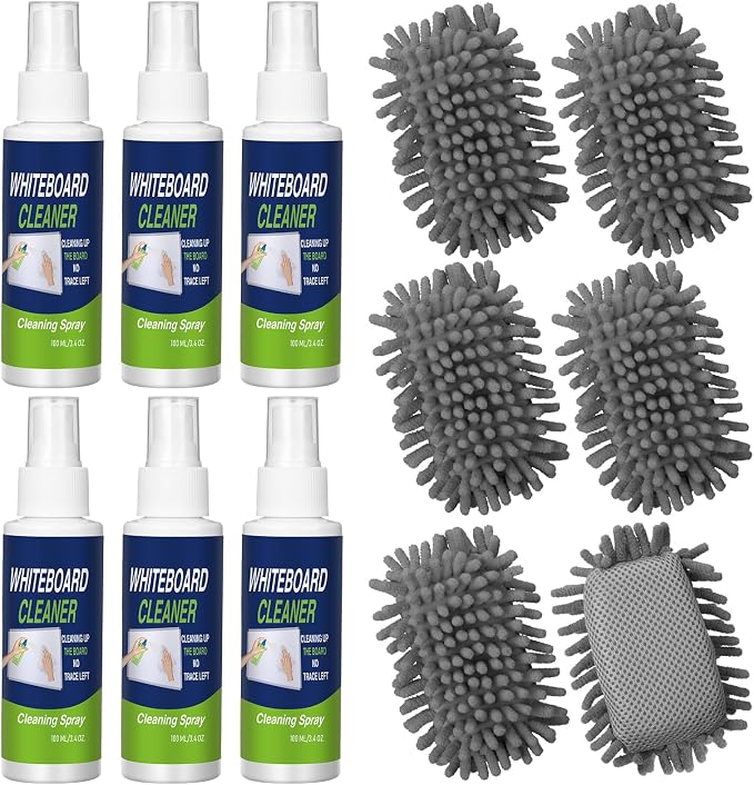 Fuyoooo 6 Pack Whiteboard Cleaner 3.4 Fl oz White Board Cleaning Spray Dry Erase Board Cleaner with Microfiber Shag Whiteboard Eraser Removes Stubborn Marks from Chalkboard(Grey)