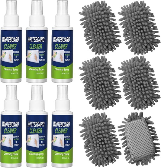 Fuyoooo 6 Pack Whiteboard Cleaner 3.4 Fl oz White Board Cleaning Spray Dry Erase Board Cleaner with Microfiber Shag Whiteboard Eraser Removes Stubborn Marks from Chalkboard(Grey)