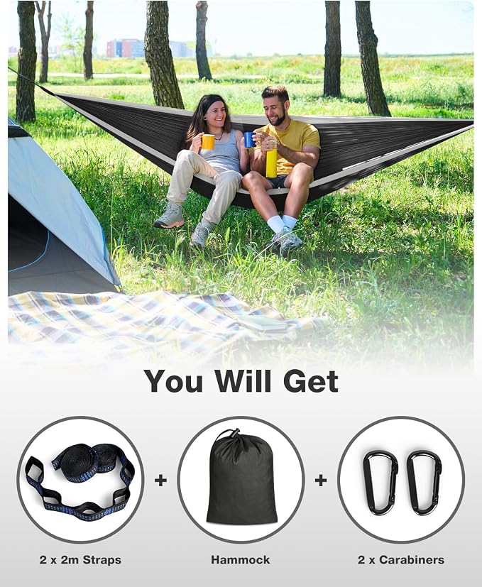 MOSFiATA Camping Hammock, Heavy Duty up to 700lbs with 2 Tree Straps and Attached Carry Bag Portable Hammock for Backpacking Hiking Durable Outdoors（Black Grey）